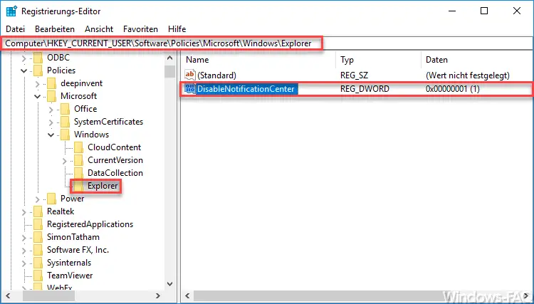 Computer  HKEY_CURRENT_USER  Software  Policies  Microsoft  Windows  Explorer DisableNotificationCenter