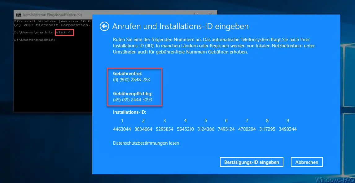 Call Microsoft and enter the Windows Installation ID