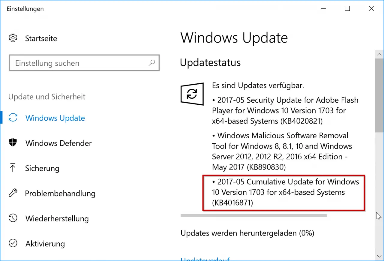 Cumulative updates for Windows 10 version 1703 KB4016871