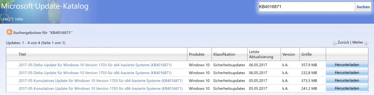 Delta Update Windows 10 Version 1703 KB4016871