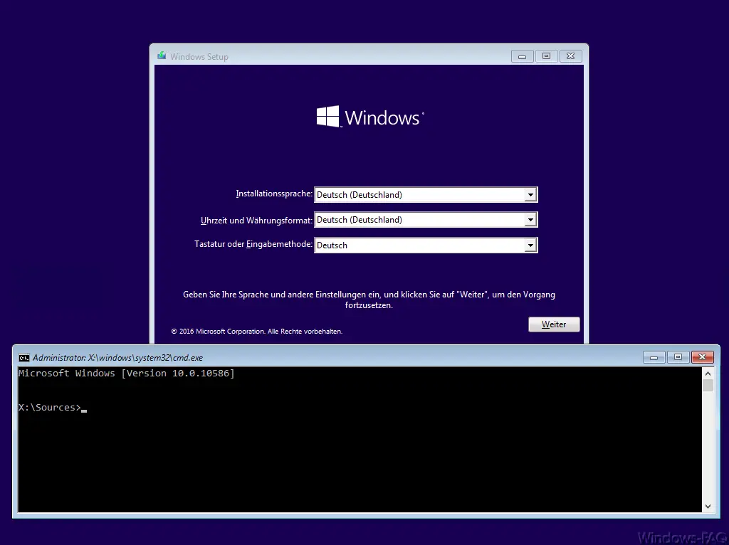 Call up the command prompt in Windows Setup