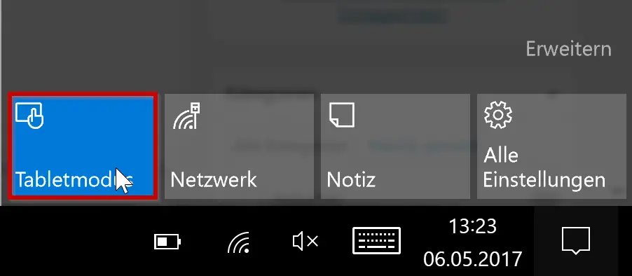 Activate tablet mode in Windows 10 Info Center