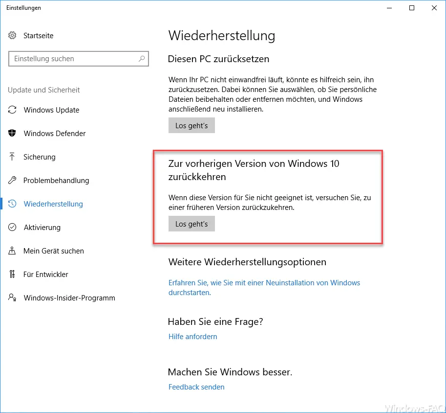 Revert to the previous version of Windows 10
