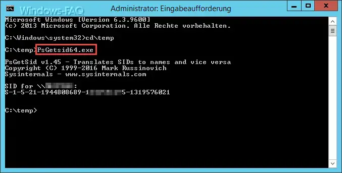 Read out SID with the Sysinternal Tool PsGetsid