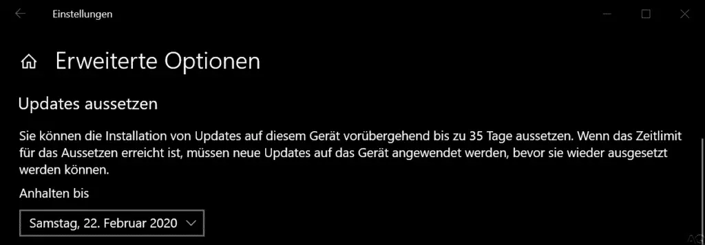 You can temporarily suspend the installation of updates on this device for up to 35 days ...