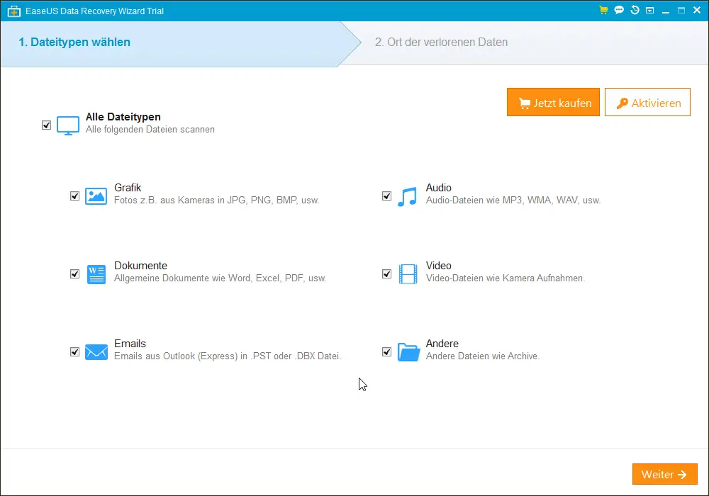 Select EaseUs Data Recovery file types