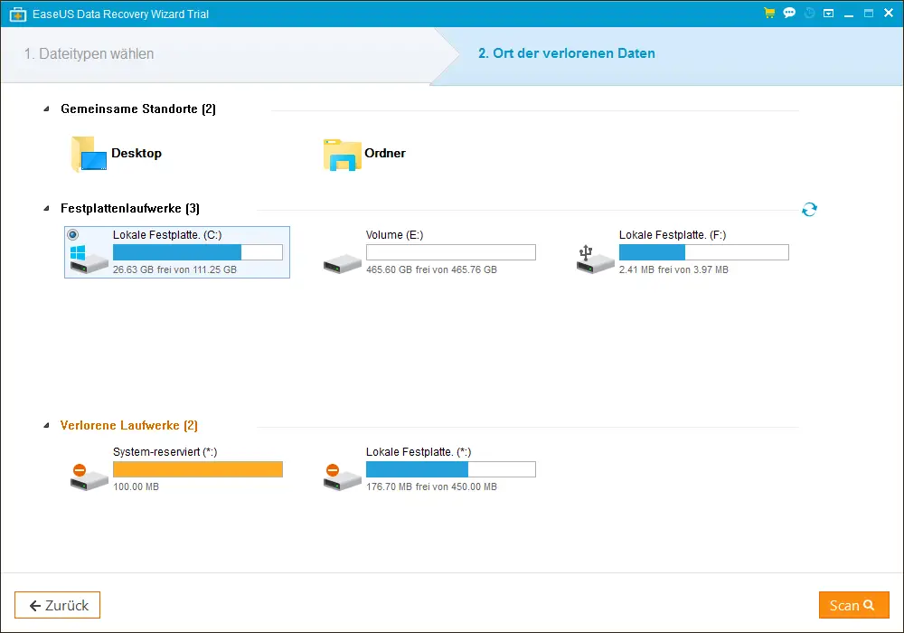 EaseUs Data Recovery location of lost data