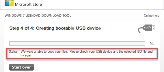 We were unable to copy your files. Please check your USB defice and the selected ISO file and try again.