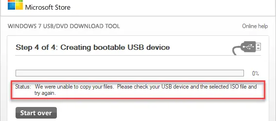 We were unable to copy your files. Please check your USB defice and the selected ISO file and try again.