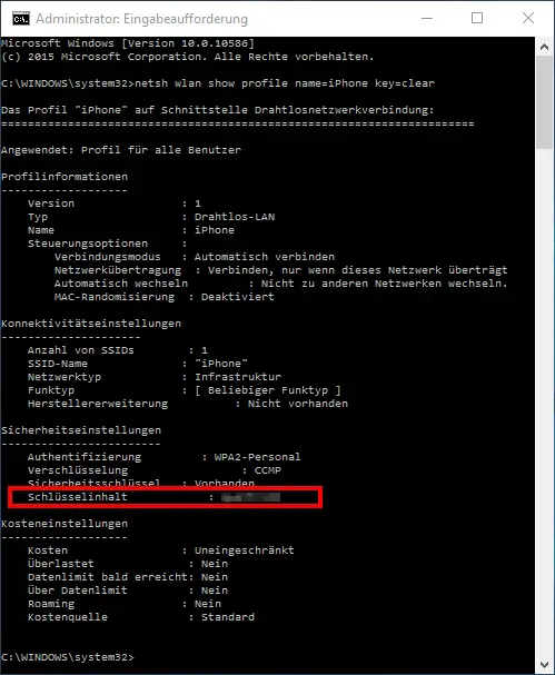 WLAN password Dos command