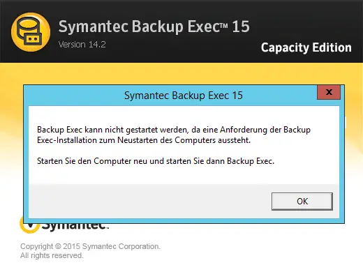 Veritas Backup Exec 2015 FP3 installation restart