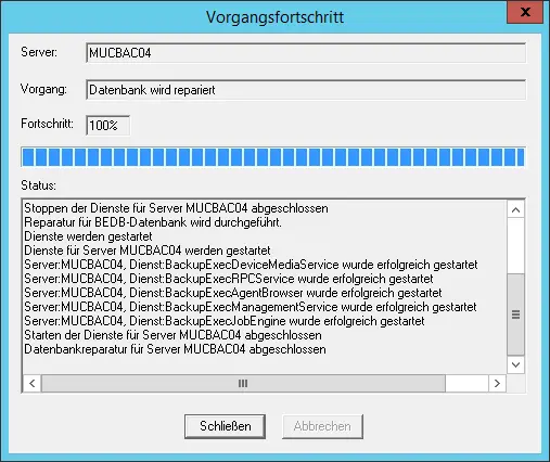 Backup Exec database has been repaired