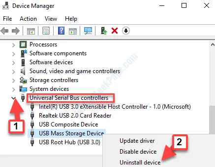 Device Manager Universal Serial Bus Controllers USB Mass Storage Device Uninstall Device