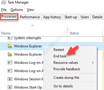 Task Manager processes Windows Explorer Right-click End Task