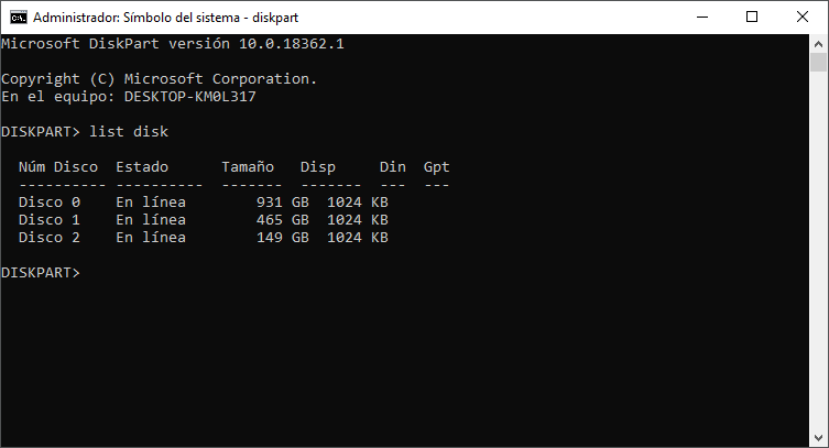 list disk command in diskpart